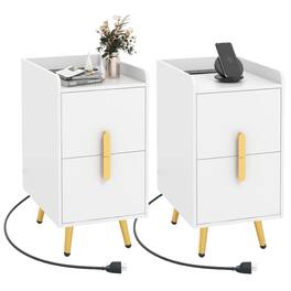 Gymax - Set of 2 Nightstand w/ Charging Station Home Bedside Sofa Side Tables w/ 2 Drawers - White