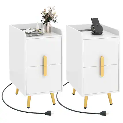 Front. Gymax - Gymax Set of 2 Nightstand w/ Charging Station Home Bedside Sofa Side Tables w/ 2 Drawers White - White.