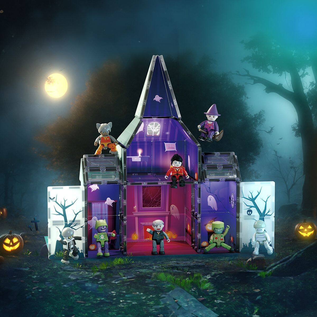 Alt View 9. PicassoTiles - PICASSO-TILES Magnetic Tiles for Kids, 57PCS Haunted Horror House Theme, STEM Building Blocks Educational Toy - Multicolor.