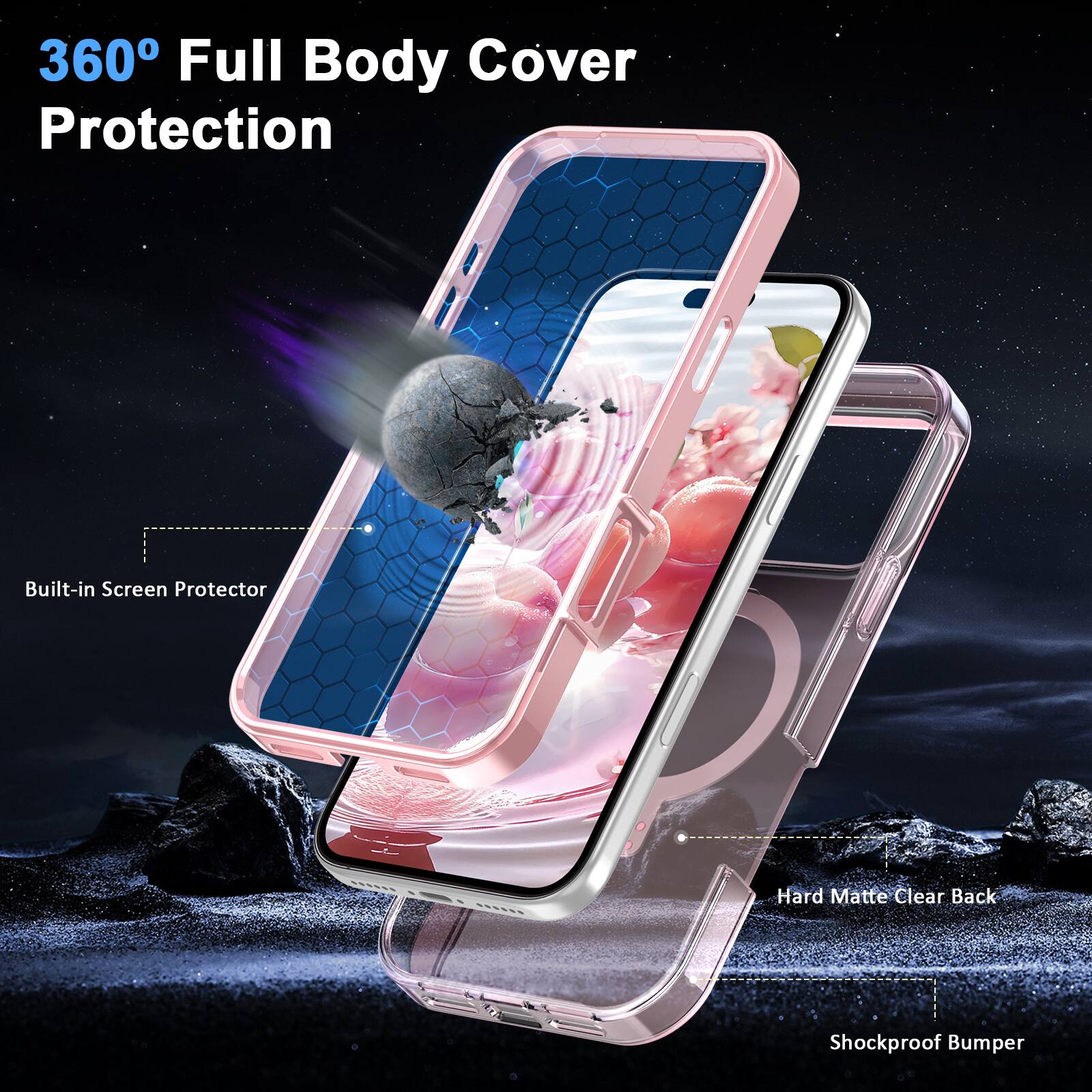 360° Full Body Cover Protection

- Built-in Screen Protector
- Hard Matte Clear Back
- Shockproof Bumper