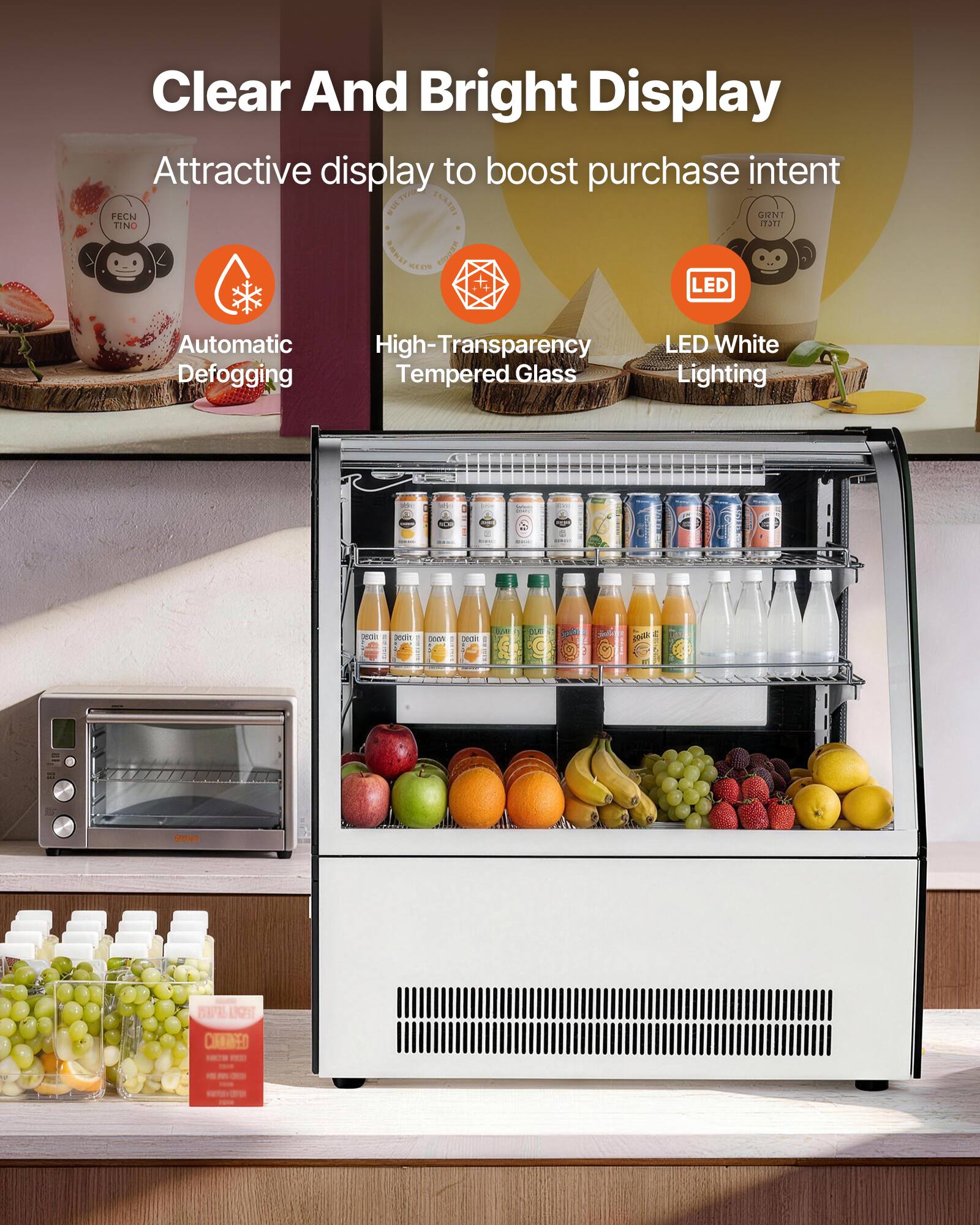 Clear And Bright Display  
Attractive display to boost purchase intent  

- Automatic Defogging  
- High-Transparency Tempered Glass  
- LED White Lighting