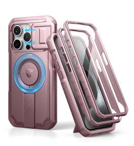 dexnor - iPhone 15 Pro Case with Slide Camera Cover & Adjustable Kickstand & Built-in Screen Protector - Peony Pink