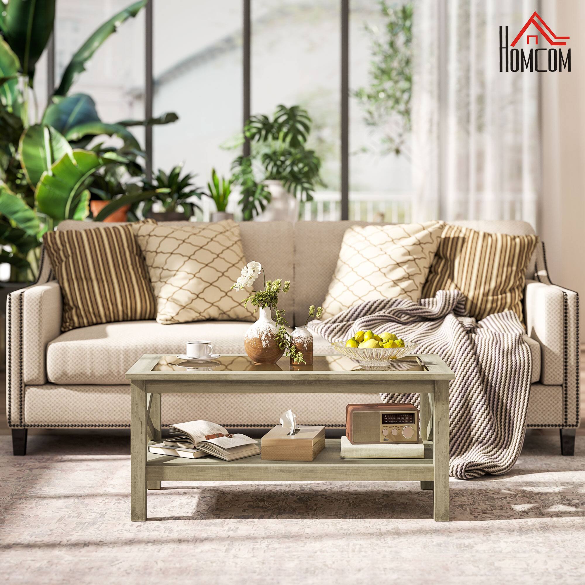 Alt View 1. Homcom - Glass Coffee Table w/ Storage, Farmhouse Center Table w/ X-Bar Style Sides - Gray.