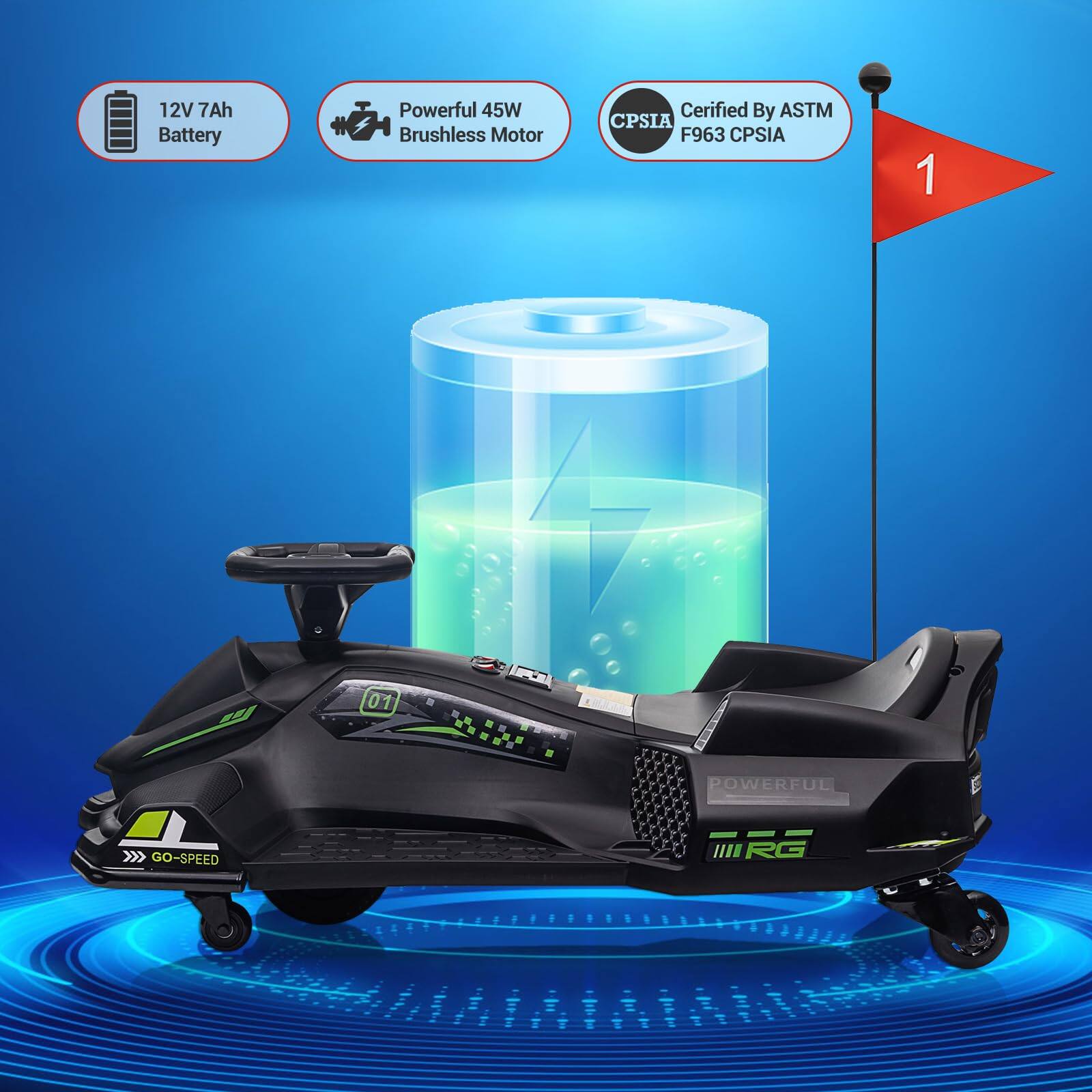 12V 7Ah Battery  
Powerful 45W Brushless Motor  
Certified By ASTM F963 CPSIA  
GO-SPEED RG
