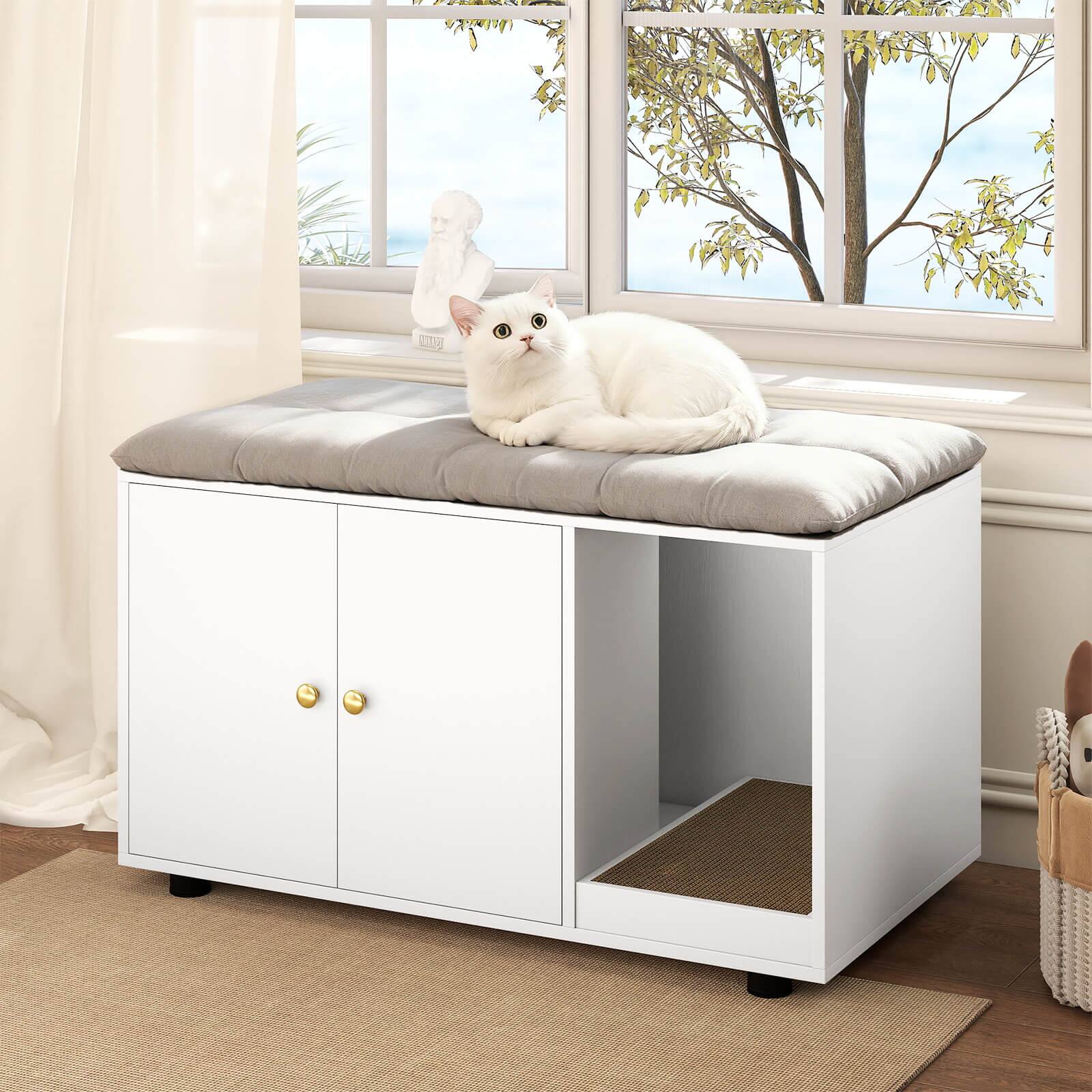 Alt View 1. Costway - Costway Wooden Cat Litter Box Enclosure, Hidden Litter Box Furniture with Scratching Board - White.