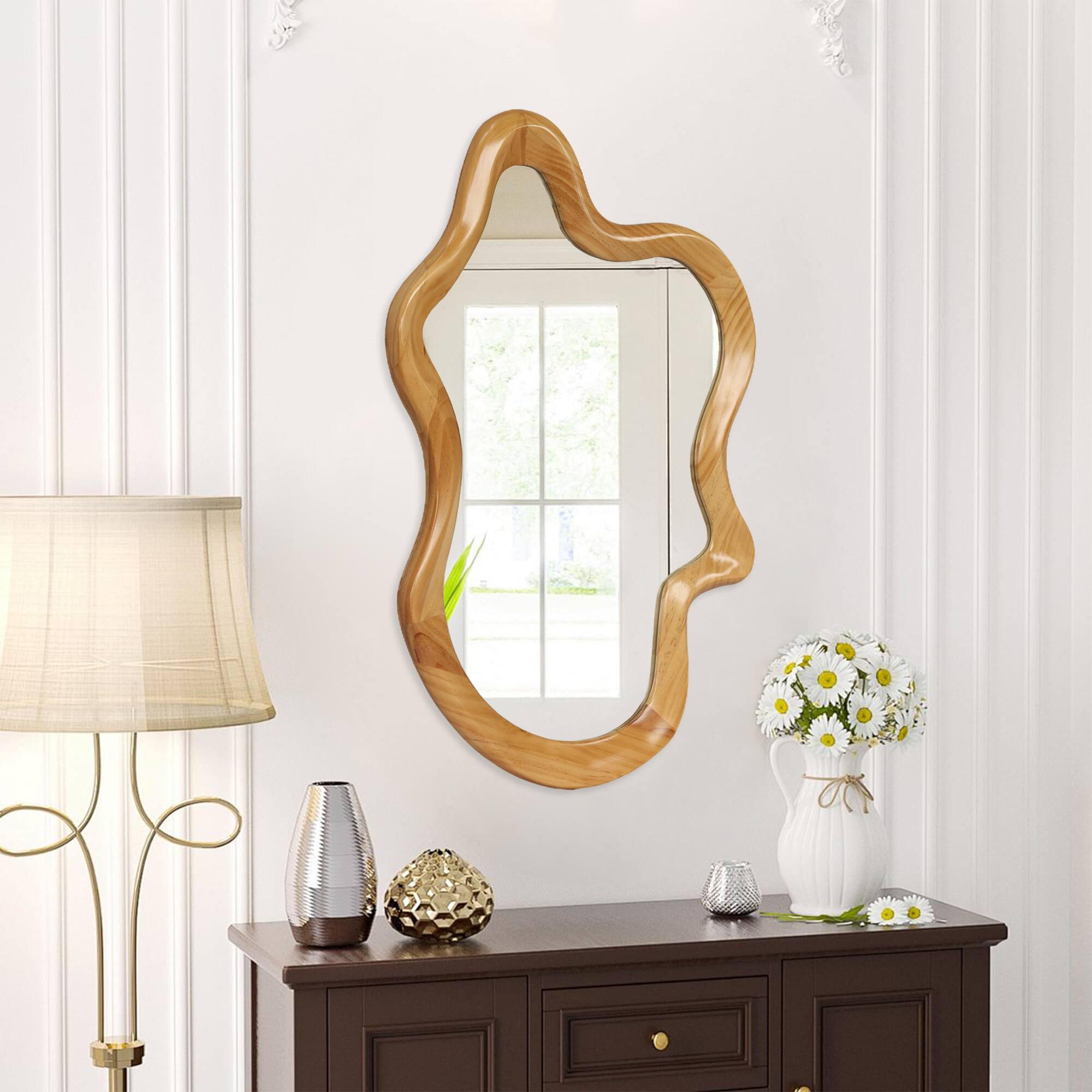 Alt View 6. PAIHOME - 33.46" x 22.24" Irregular Shaped Wall Mirror with Natural Wood Frame, Decorative Bathroom Bedroom Vanity Mirror - Natural Wood.