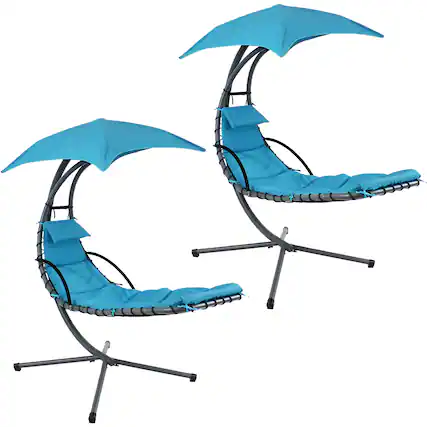 Front. Sunnydaze - Floating Lounge Chair and Umbrella/Curved Stand - Set of 2 - Teal.