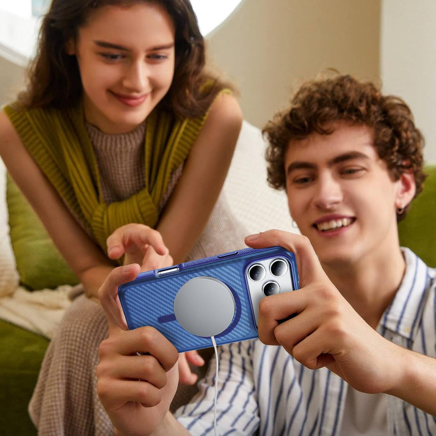 Alt View 5. Equipd - Case for iPhone 17 Pro 6.3", MagSafe Compatible, Grip Bumper Shockproof Protection Carbon Fiber Texture Phone Cover - Blue.