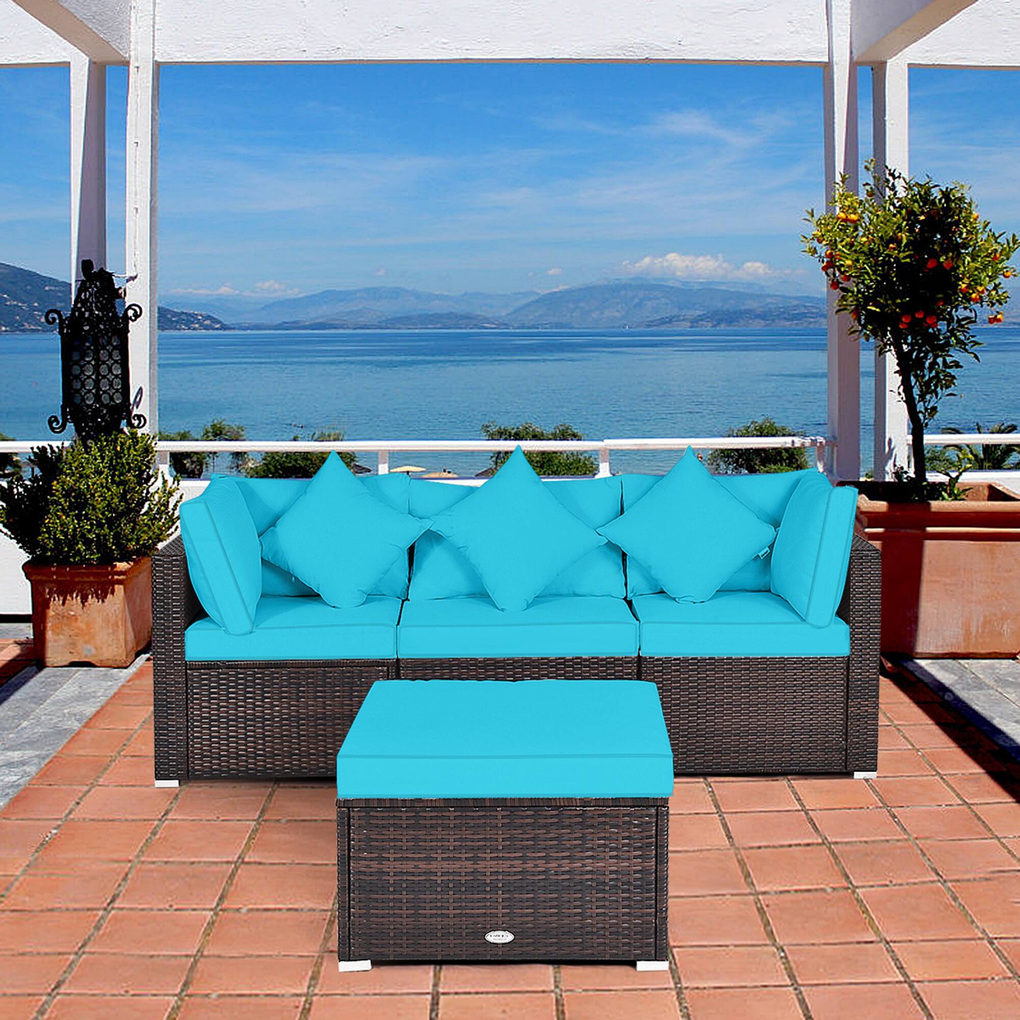 Alt View 2. Gymax - Gymax 4PCS Rattan Patio Conversation Furniture Set Yard Outdoor w/ Turquoise Cushion - Turquoise.