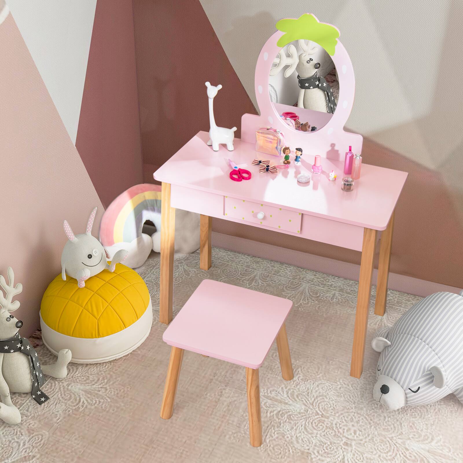 Alt View 2. Costway - Costway Kid Vanity Table Stool Set with Mirror Wooden Legs Storage Drawer - White,Pink.
