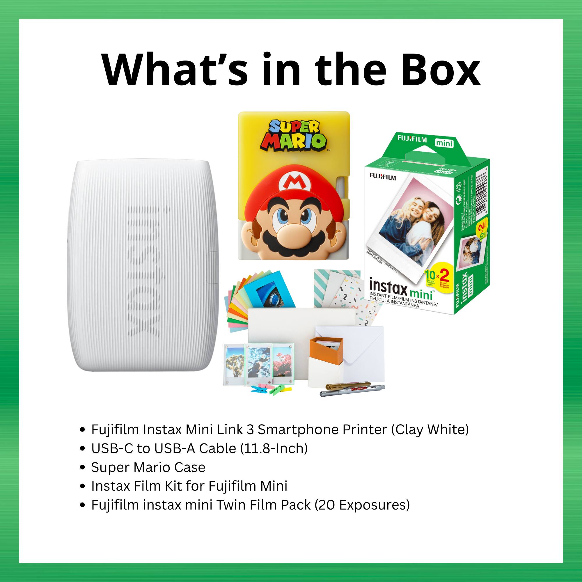 What's in the Box

- Fujifilm Instax Mini Link 3 Smartphone Printer (Clay White)
- USB-C to USB-A Cable (11.8-Inch)
- Super Mario Case
- Instax Film Kit for Fujifilm Mini
- Fujifilm instax mini Twin Film Pack (20 Exposures)