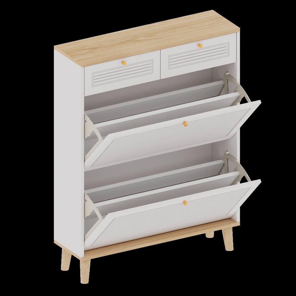 Alt View 4. Loheer - Loheer narrow shoe cabinet with flip doors, freestanding entryway shoe organizer with drawers, white natural MDF - White Natural.