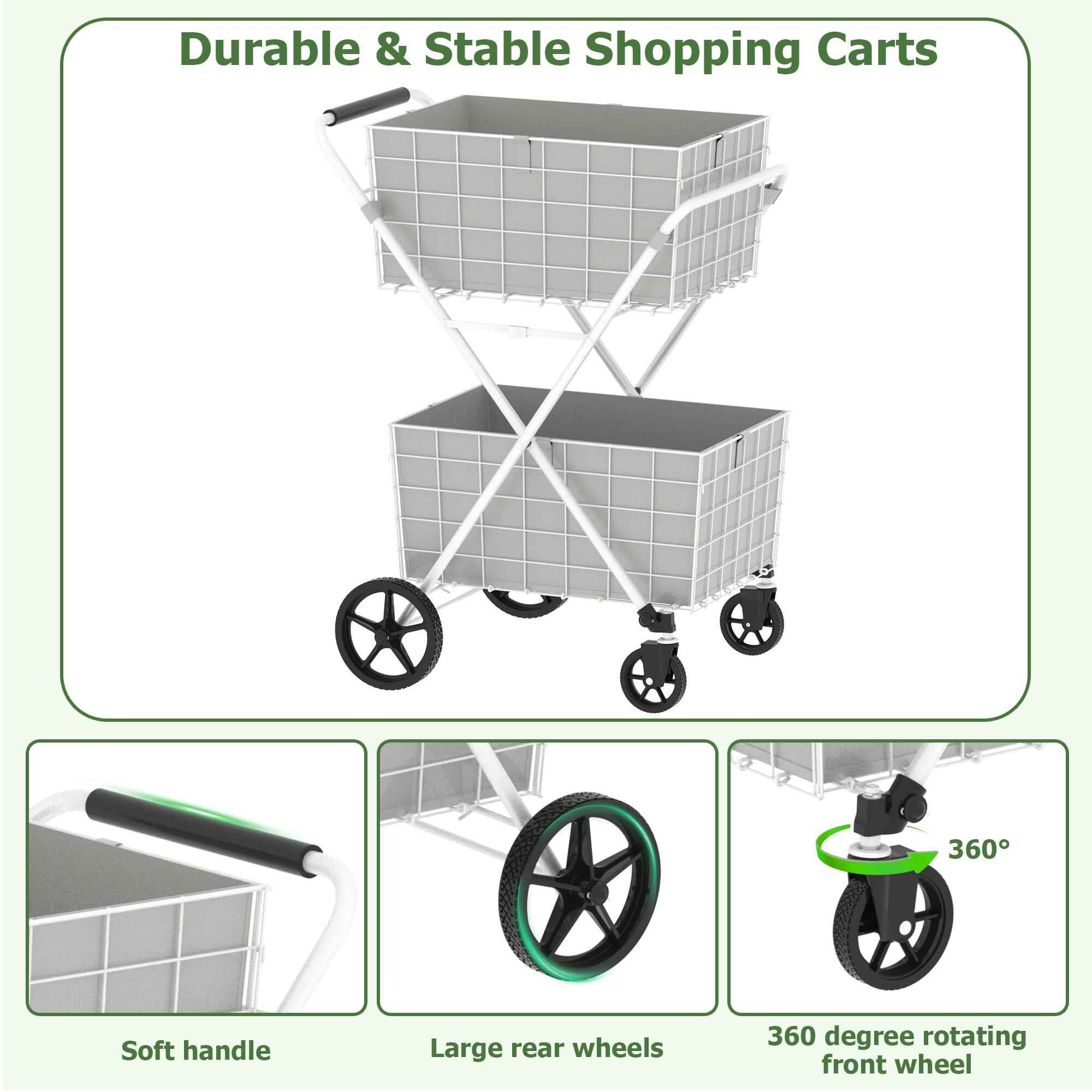 Durable & Stable Shopping Carts

- Soft handle
- Large rear wheels
- 360 degree rotating front wheel