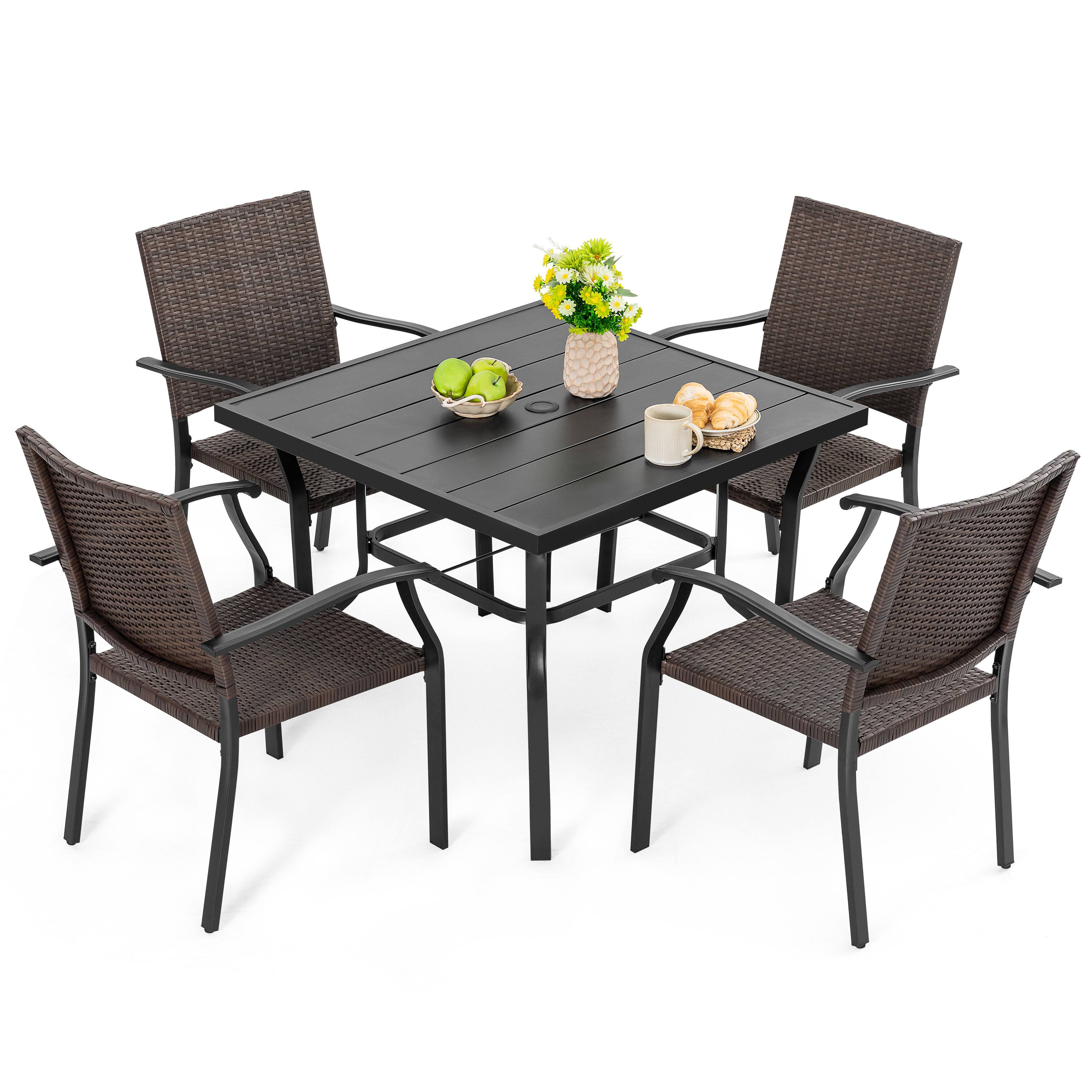 Alt View 6. Nuu Garden - 5PCS Outdoor Dining Set, 4 Wicker Chairs and Iron Table with Umbrella Hole - Black.