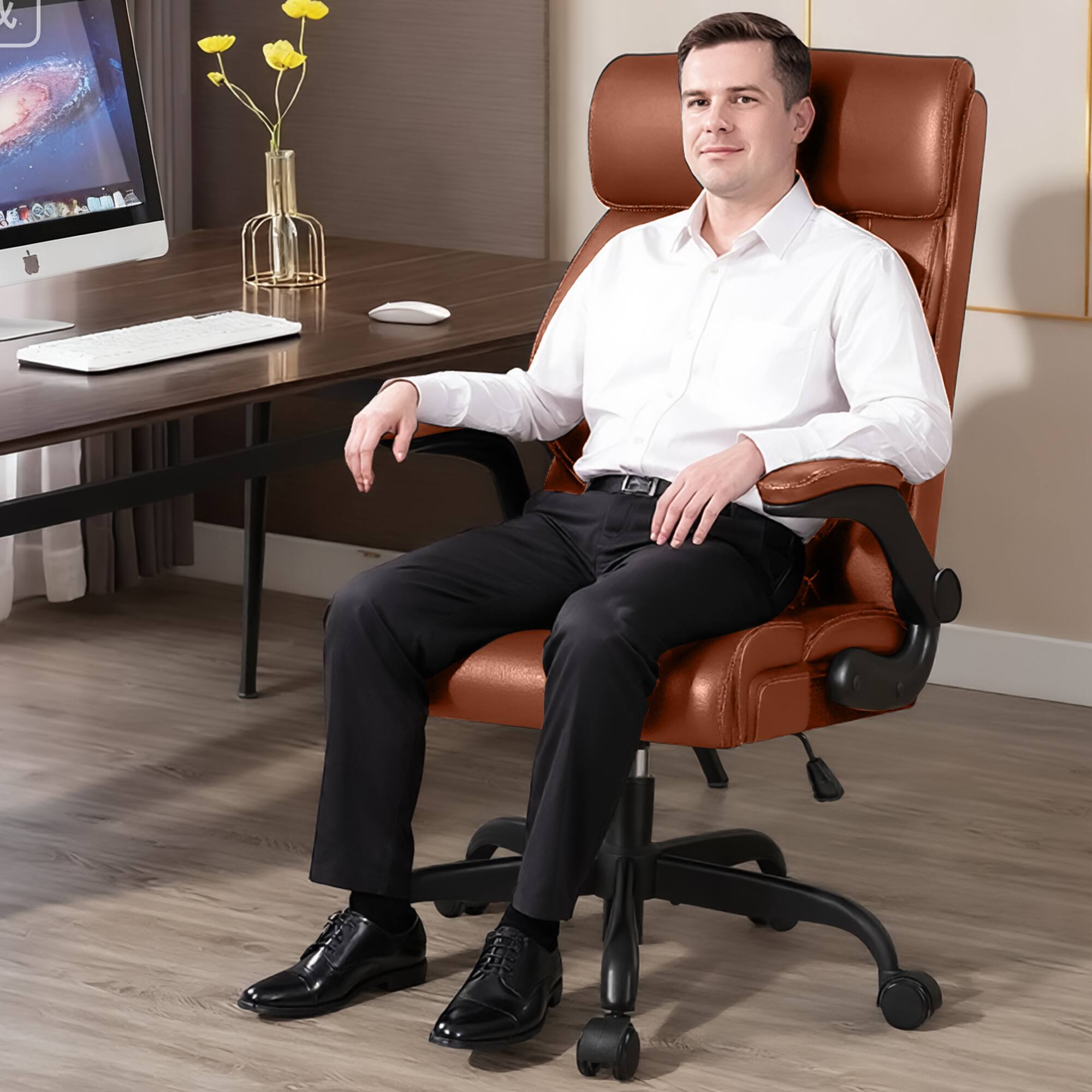 Alt View 6. Brick Attic - High-Back Executive Office Chair , Ergonomic Leather Chair with Adjustable Lumbar Support and Flip-Up Armrests - Brown.