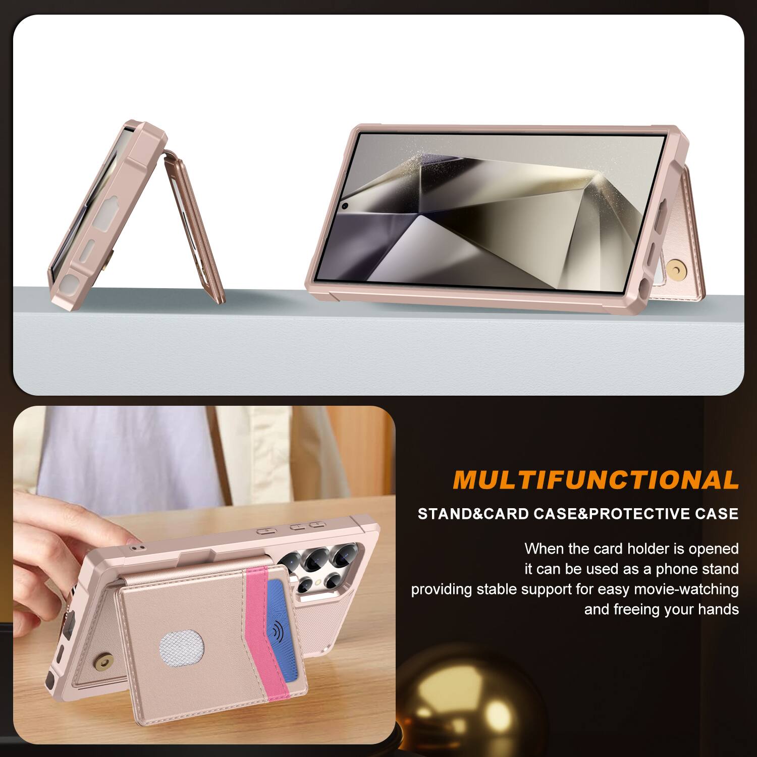 MULTIFUNCTIONAL STAND & CARD CASE & PROTECTIVE CASE

When the card holder is opened, it can be used as a phone stand, providing stable support for easy movie-watching and freeing your hands.