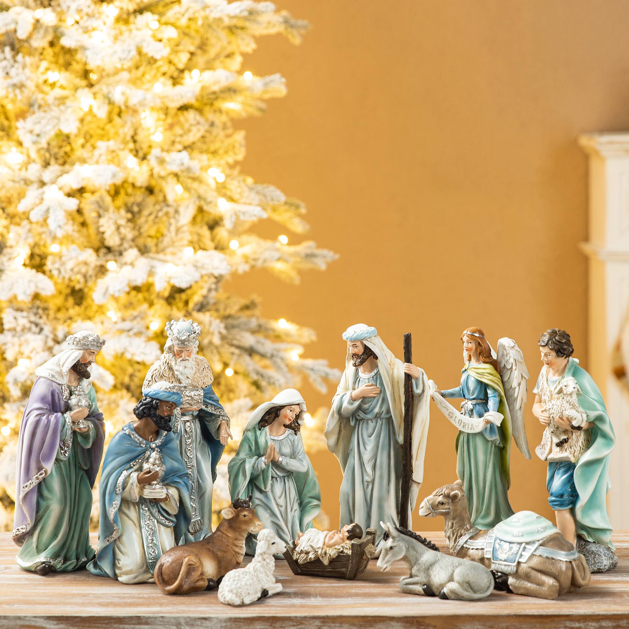 Front. Glitzhome - 12pcs Deluxe Resin Nativity Figurine Set - Blue.