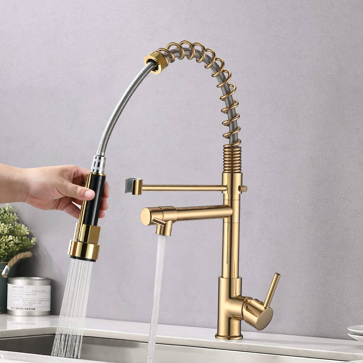 Angle. Ropilly - Ropilly Commercial Pull Down Kitchen Faucet, Polished Gold Stainless Steel Single Handle Faucet with Pot Filler - Gold.