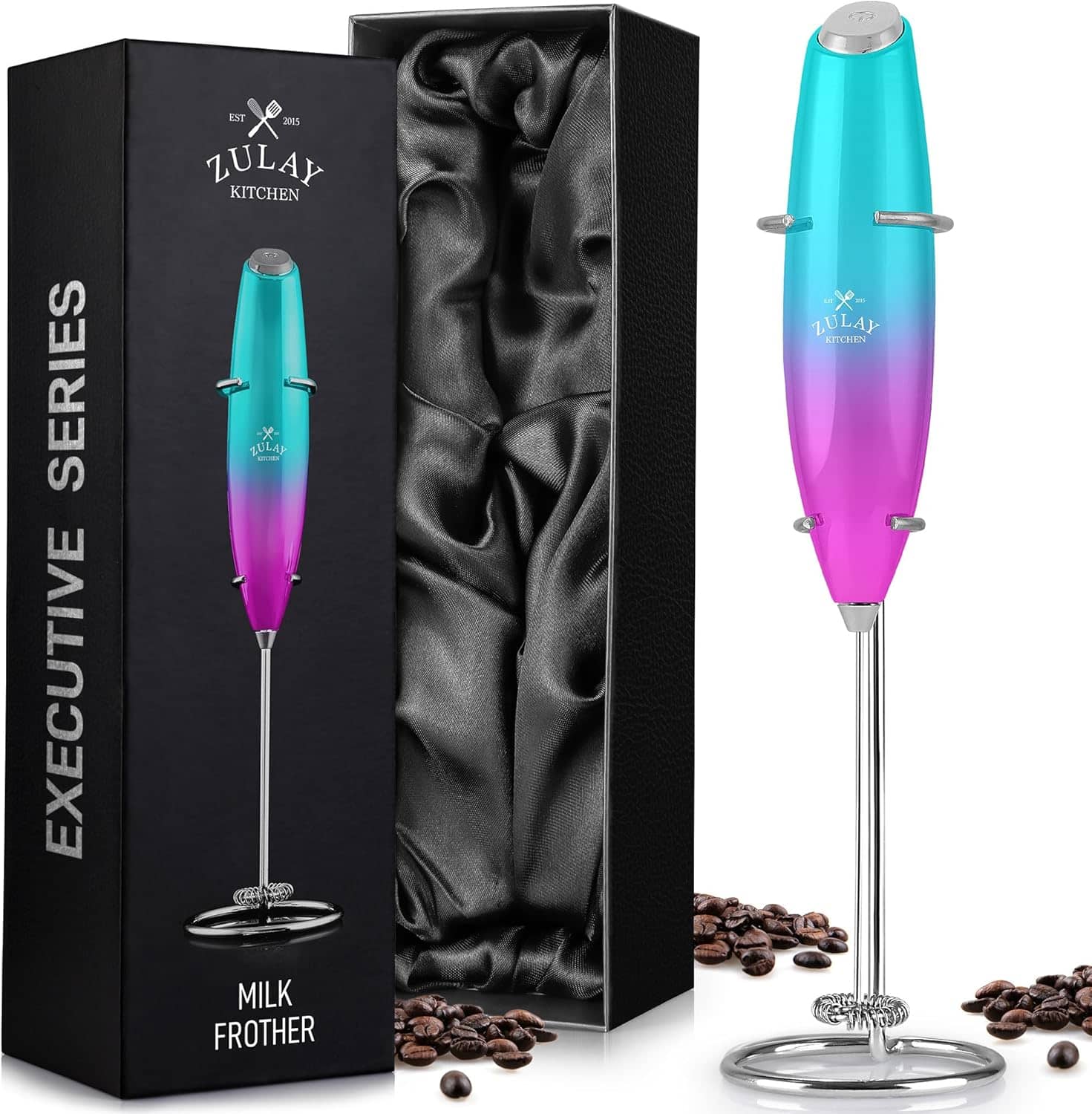 Zulay Kitchen - Executive Series Milk Frother Wand - Upgraded and Improved Stand - Ideal Coffee Gift - Bubblegum