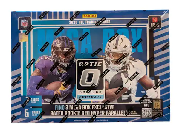 2025 NFL Trading Cards
Panini Optic
Football
Mega Box
6 Packs Per Box
Cards Per Pack: 6
Find 3 Mega Box Exclusive Rookie Red Hyper Parallel
No Purchase Necessary
Official Panini NFTs
Panini
