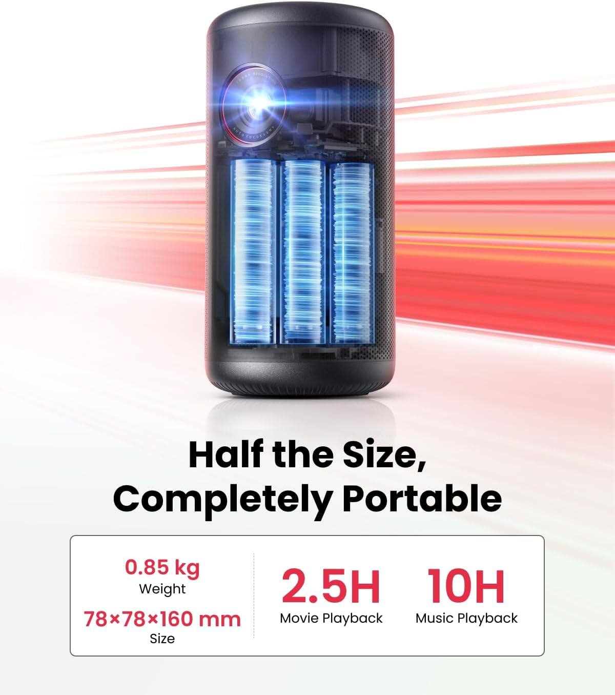 Half the Size, Completely Portable

0.85 kg Weight
78x78x160 mm Size
2.5H Movie Playback
10H Music Playback