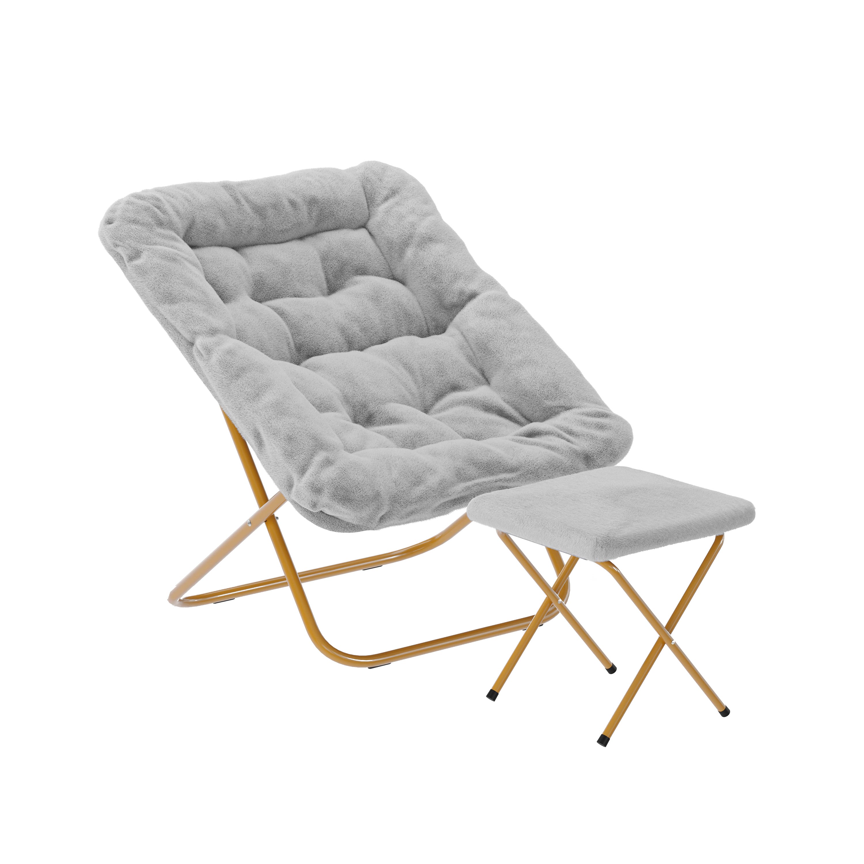 Emma + Oliver - Aisling Oversized Folding Saucer Chair and Ottoman for Dorm, Bedroom - Gray Fabric/Soft Gold Frame