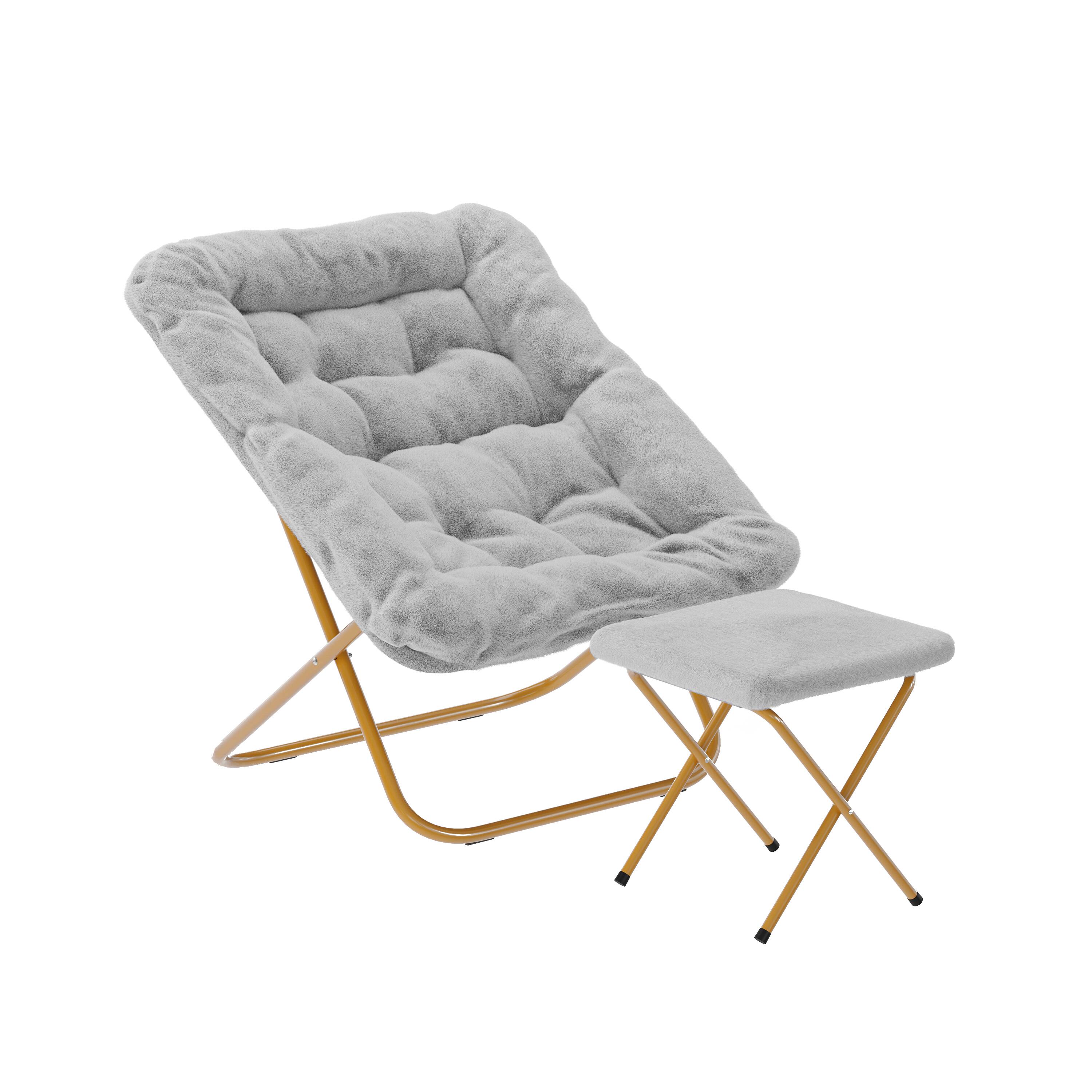 Front. Emma + Oliver - Aisling Oversized Folding Saucer Chair and Ottoman for Dorm, Bedroom - Gray Fabric/Soft Gold Frame.
