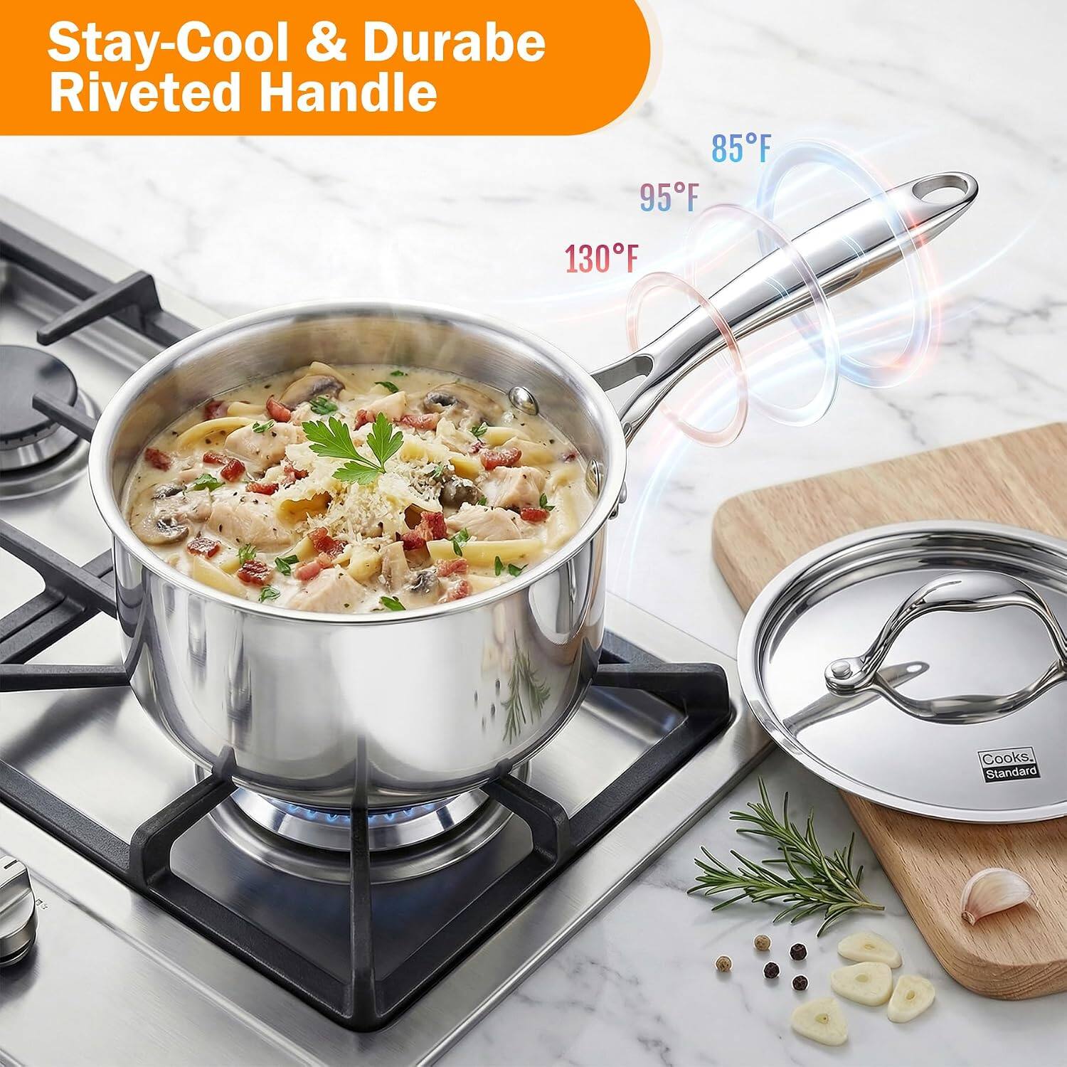 Stay-Cool & Durable Riveted Handle

85°F
95°F
130°F

Cooks. Standard