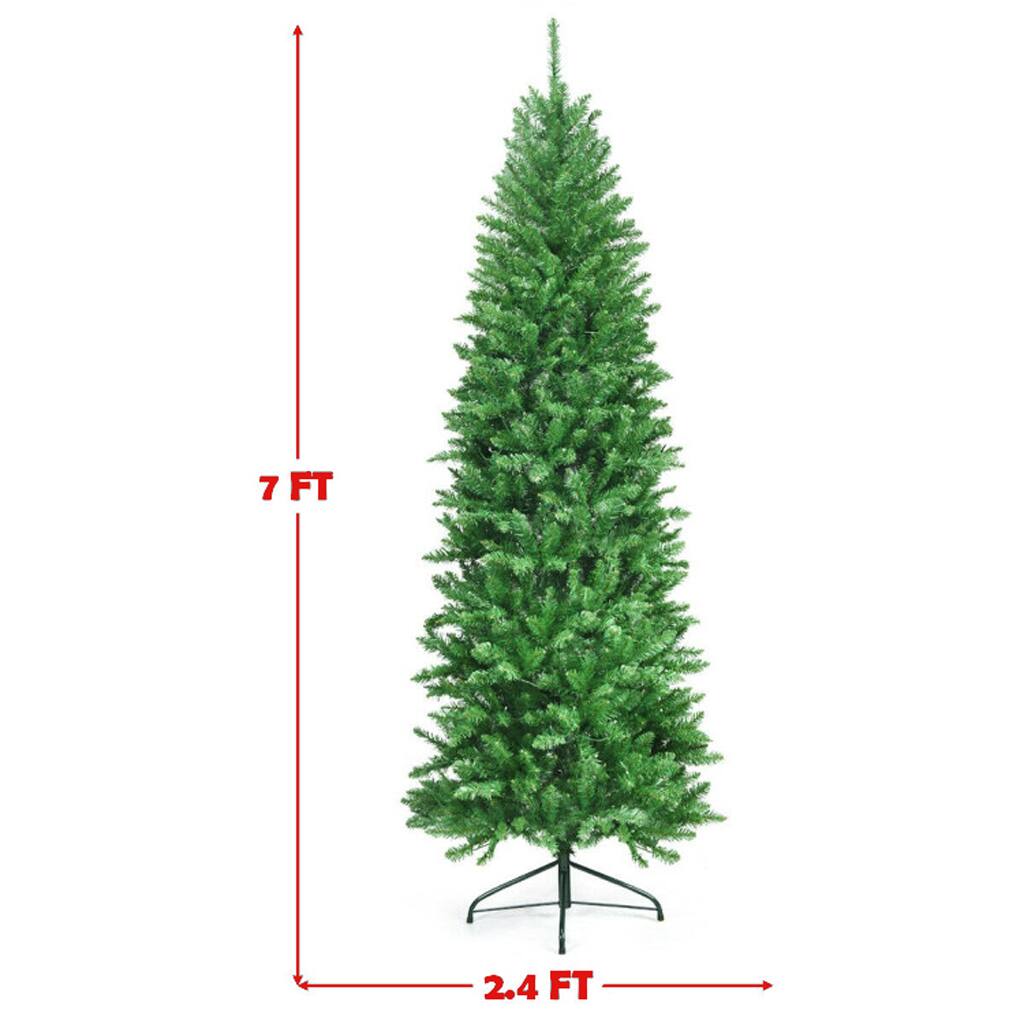 Left. BreeBe - Artificial Slim Fir Tree – 5ft 6ft 7ft Prelit with 150 Lights and Hinged Design - Green.