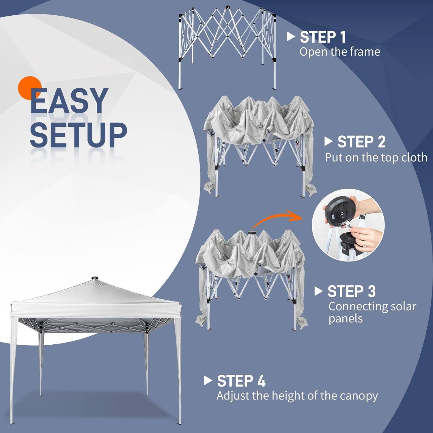 EASY SETUP

STEP 1: Open the frame  
STEP 2: Put on the top cloth  
STEP 3: Connecting solar panels  
STEP 4: Adjust the height of the canopy