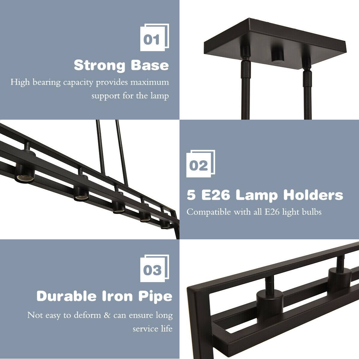 01 Strong Base  
High bearing capacity provides maximum support for the lamp  

02 5 E26 Lamp Holders  
Compatible with all E26 light bulbs  

03 Durable Iron Pipe  
Not easy to deform & can ensure long service life