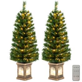 Costway - 2 PCS 4 FT Pre-Lit Potted Christmas Tree Artificial Entrance with 3 Lighting Modes - Green