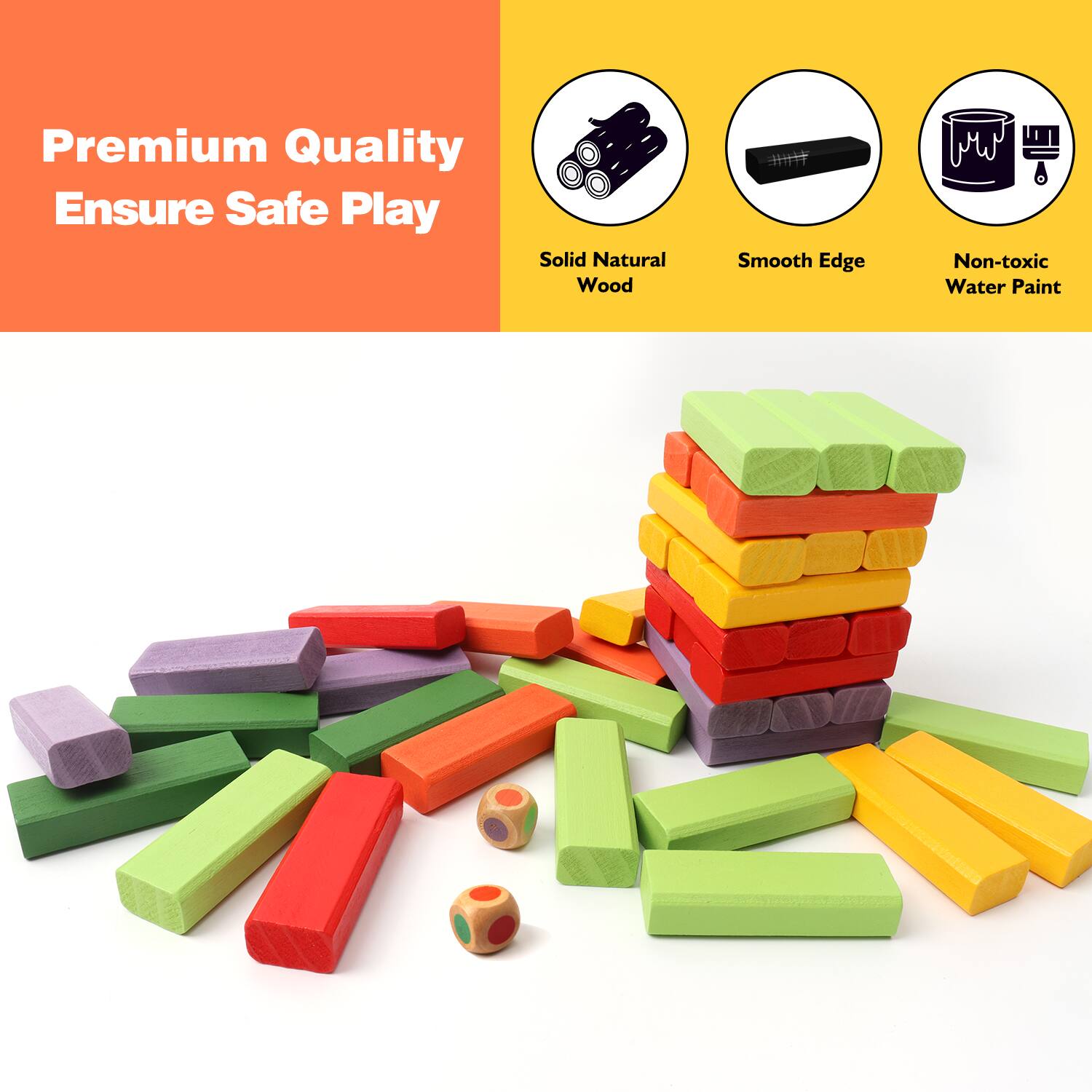 Premium Quality, Ensure Safe Play, Solid Natural Wood, Smooth Edge, Non-toxic Water Paint