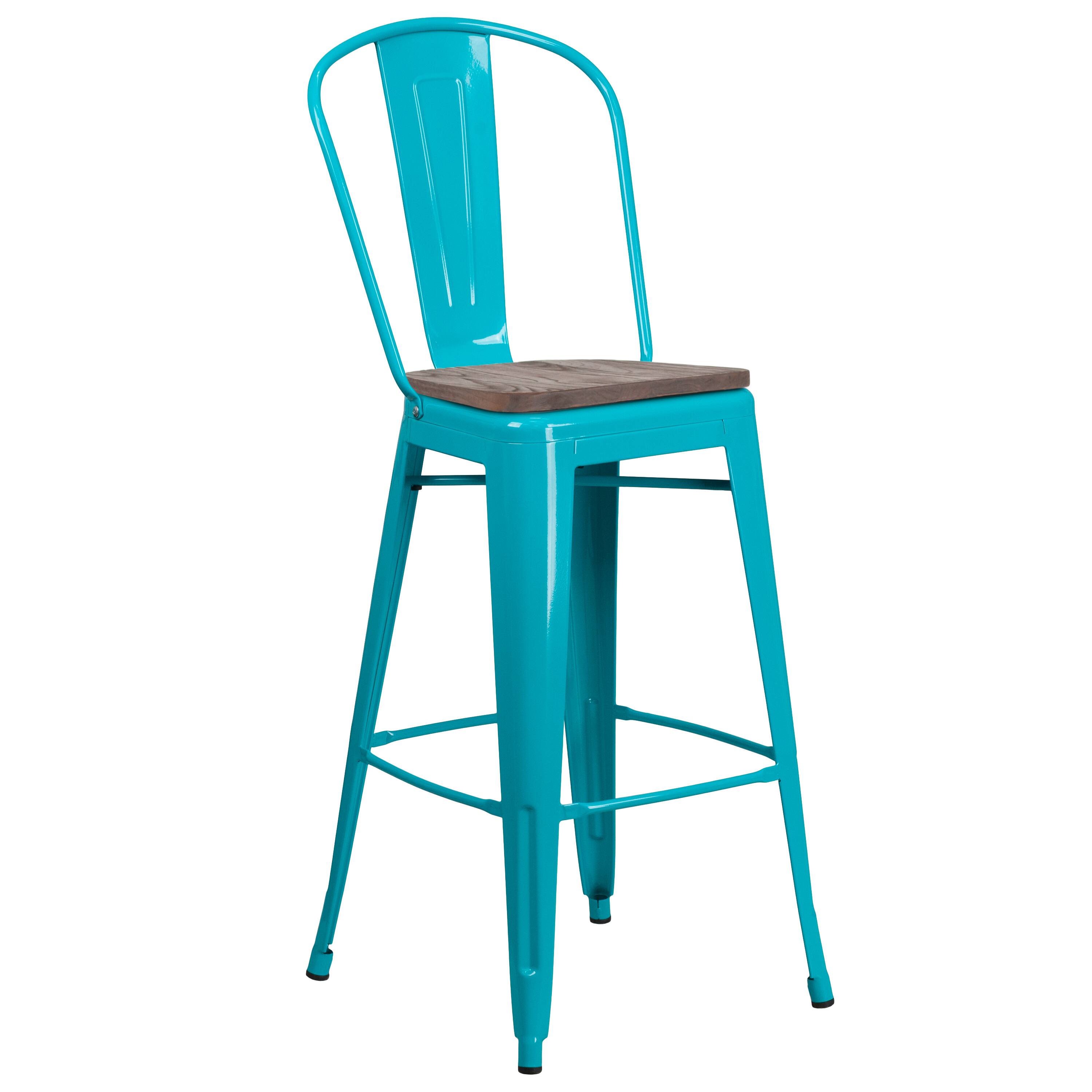 Alt View 1. Emma + Oliver - 30"H Metal Dining Barstool with Back and Wood Seat - Crystal Teal-Blue.