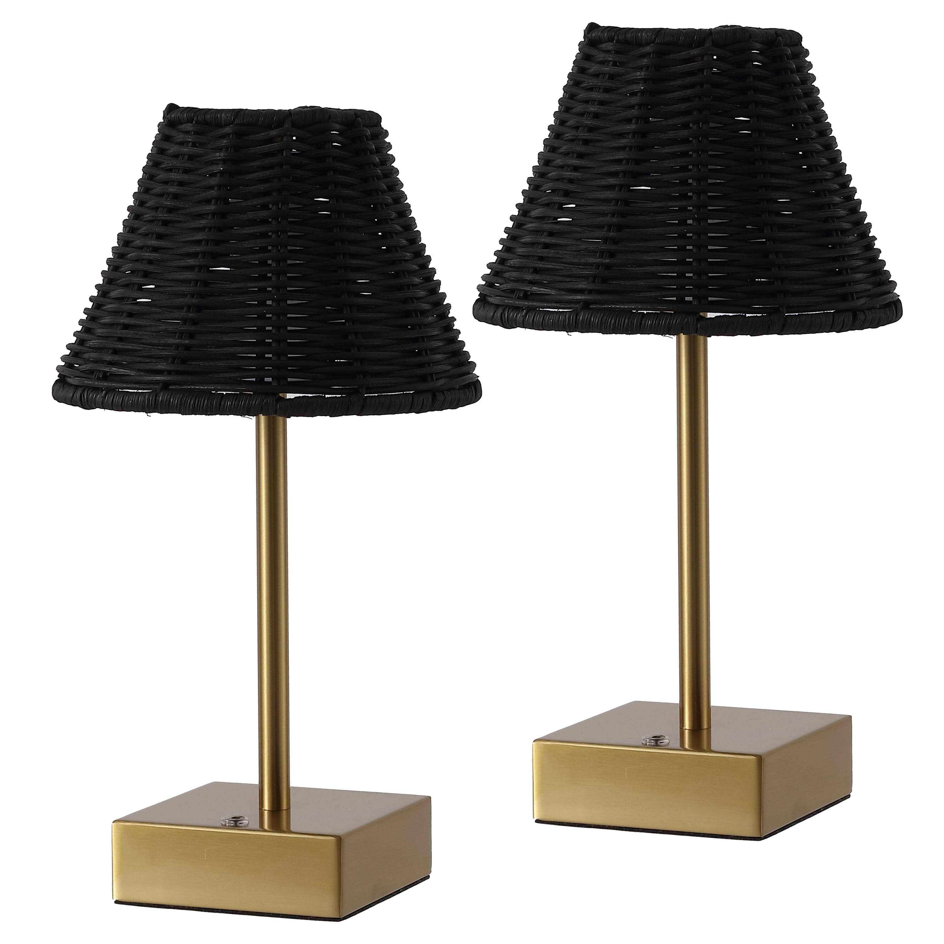 Alt View 7. Jonathan Y - Chester 11.25" Rechargeable Table Lamp Set of 2, Bohemian Brass Gold with Black Rattan Shade, Touch Dimmable for Bedroom - Brass Gold.
