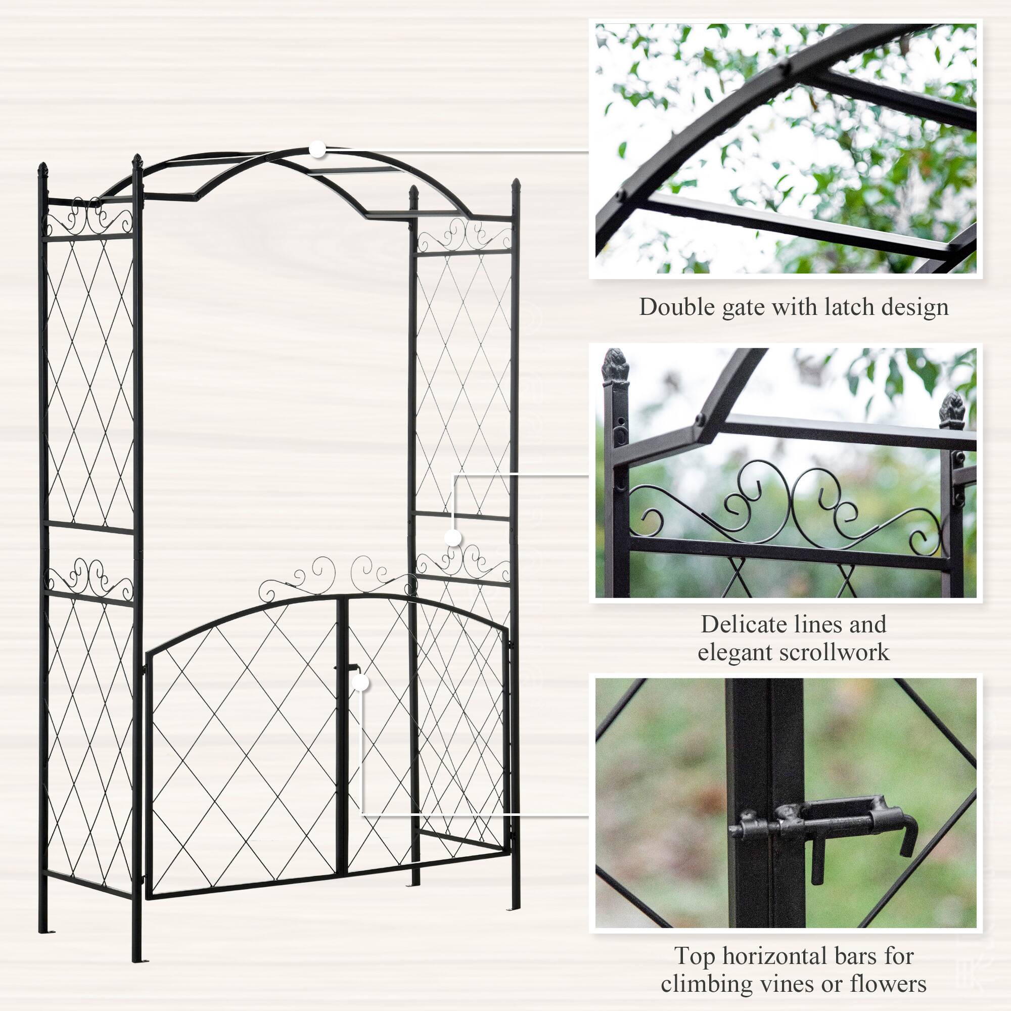 Double gate with latch design, Delicate lines and elegant scrollwork, Top horizontal bars for climbing vines or flowers