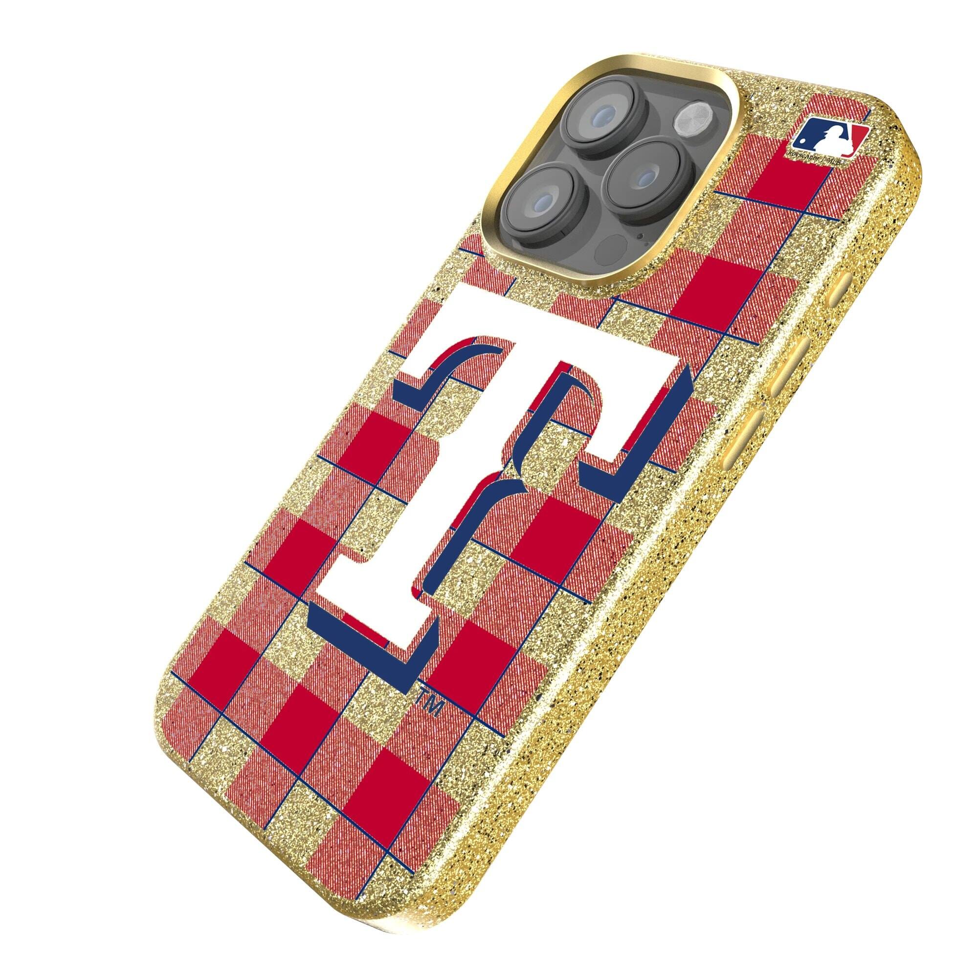 Alt View 1. Keyscaper - Texas Rangers Plaid Bling iPhone Case - 14 Plus - Gold.