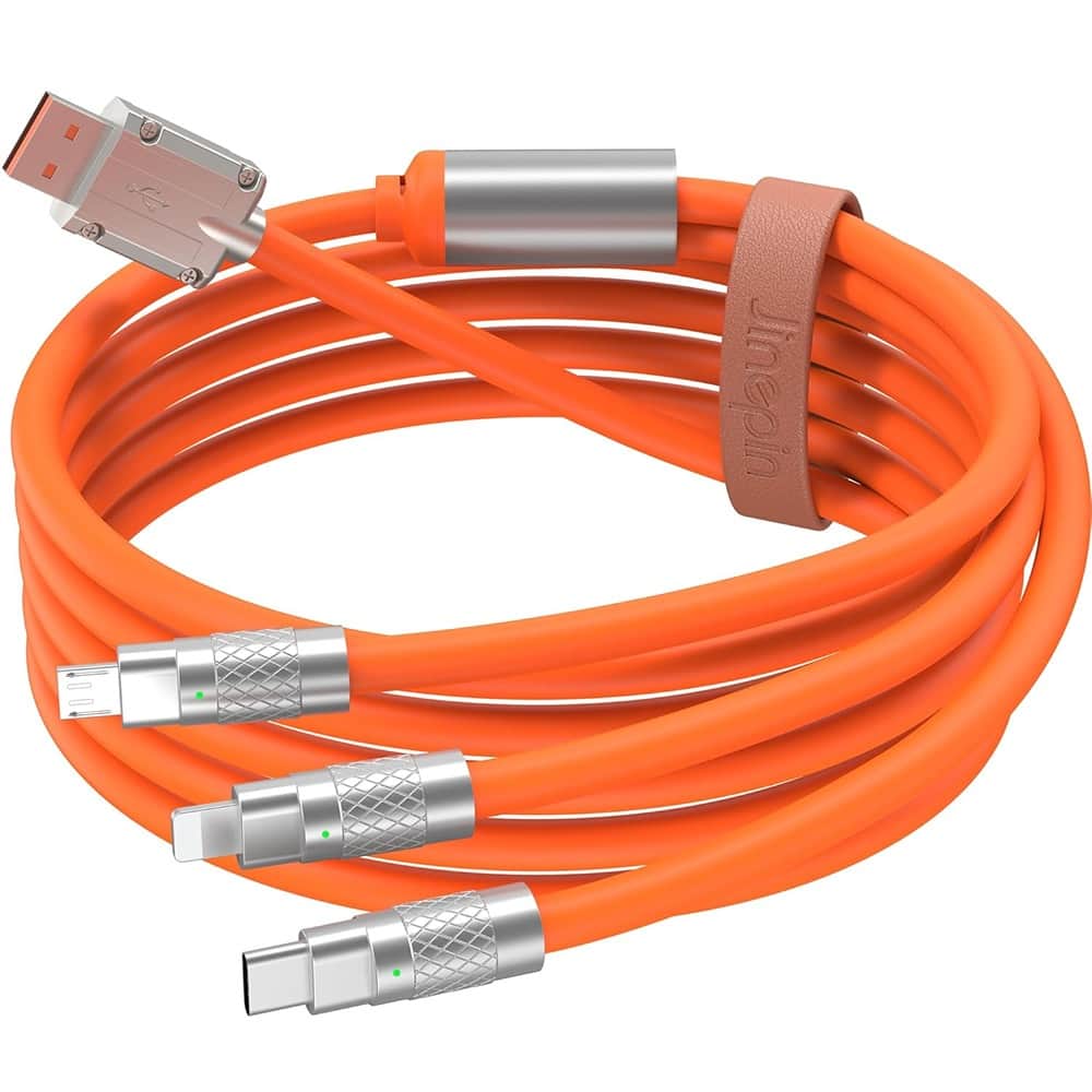 PARKER SLATER - 3 in 1 multi charging cable, 60W fast charger cord, 4ft soft silicone with leather strap, Type-C, Micro USB, Lightning. - Orange