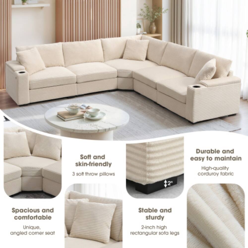 Soft and skin-friendly  
3 soft throw pillows  

Durable and easy to maintain  
High-quality corduroy fabric  

Spacious and comfortable  
Unique, angled corner seat  

Stable and sturdy  
2-inch high rectangular sofa legs