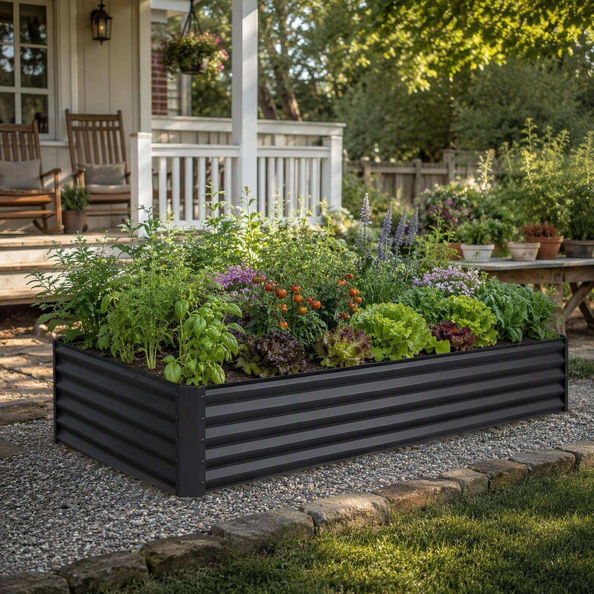 Left. RYHNUYNE - 8x4x1.5 ft Galvanized Raised Garden Bed, Dark Grey Large Metal Planter Box for Vegetables, Herbs, and Flowers - Dark Gray.