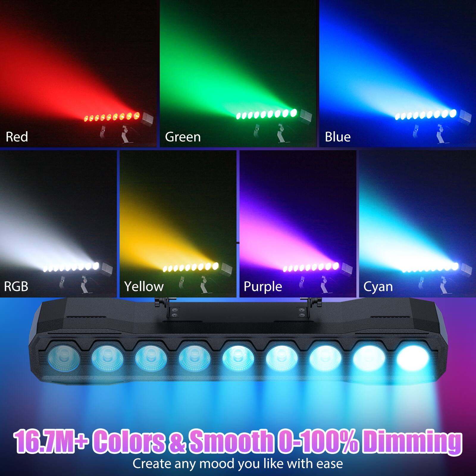 Red Green Blue RGB Yellow Purple Cyan  
16.7M+ Colors & Smooth 0-100% Dimming  
Create any mood you like with ease