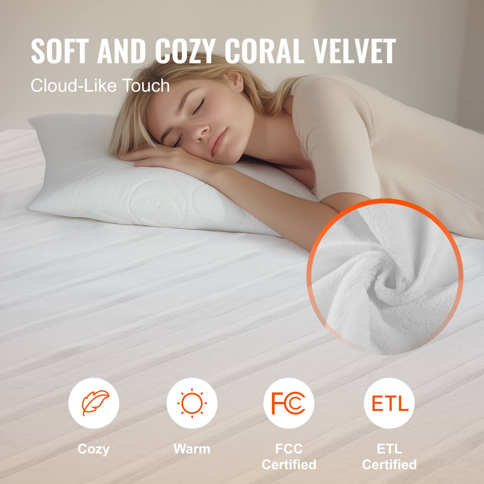 SOFT AND COZY CORAL VELVET  
Cloud-Like Touch  

Cozy  
Warm  
FCC Certified  
ETL Certified