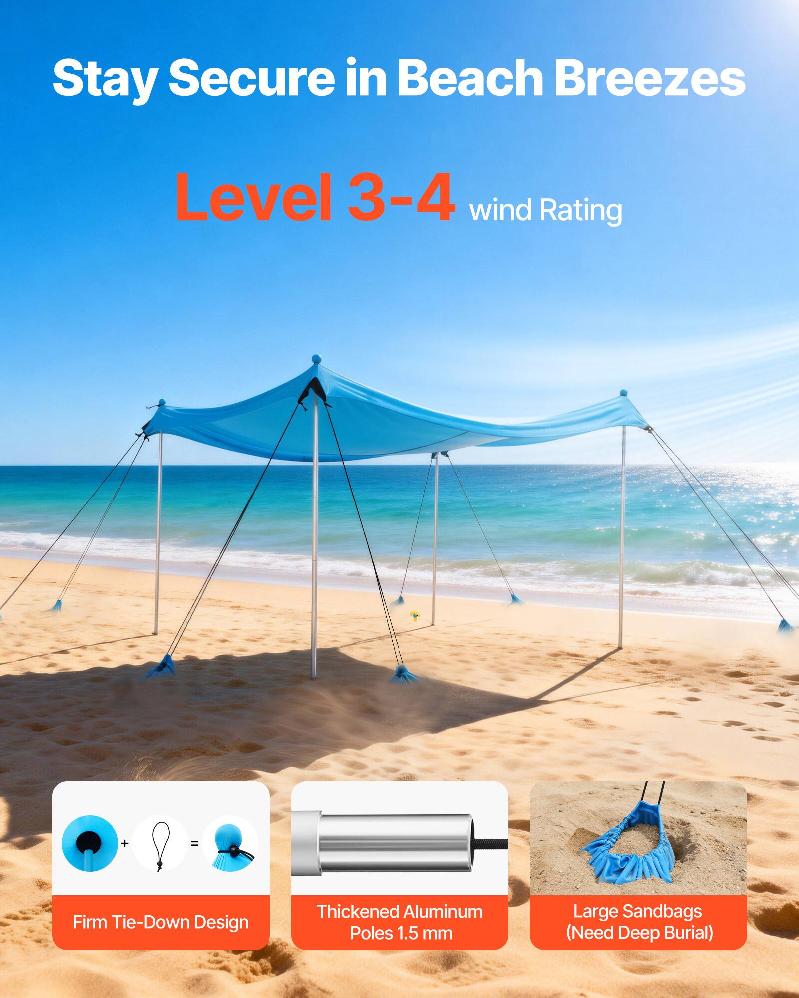 Stay Secure in Beach Breezes  
Level 3-4 wind Rating  
+ = Firm Tie-Down Design  
Thickened Aluminum Poles 1.5 mm  
Large Sandbags (Need Deep Burial)