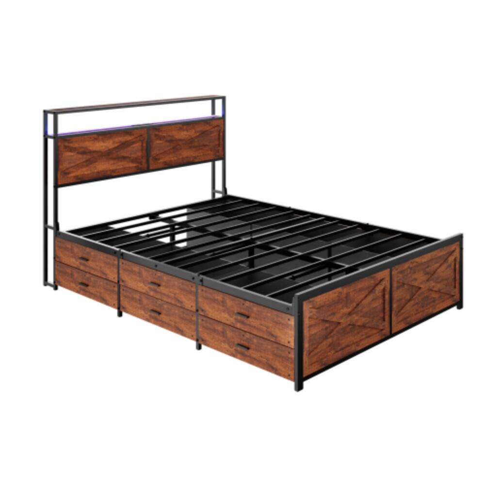 Alt View 3. LUCKY ONE - Queen Size Bed Frame with Storage Headboard, 12 Drawers, RGB LED Lights, USB Charging Station, Metal Slats - Rustic Brown.