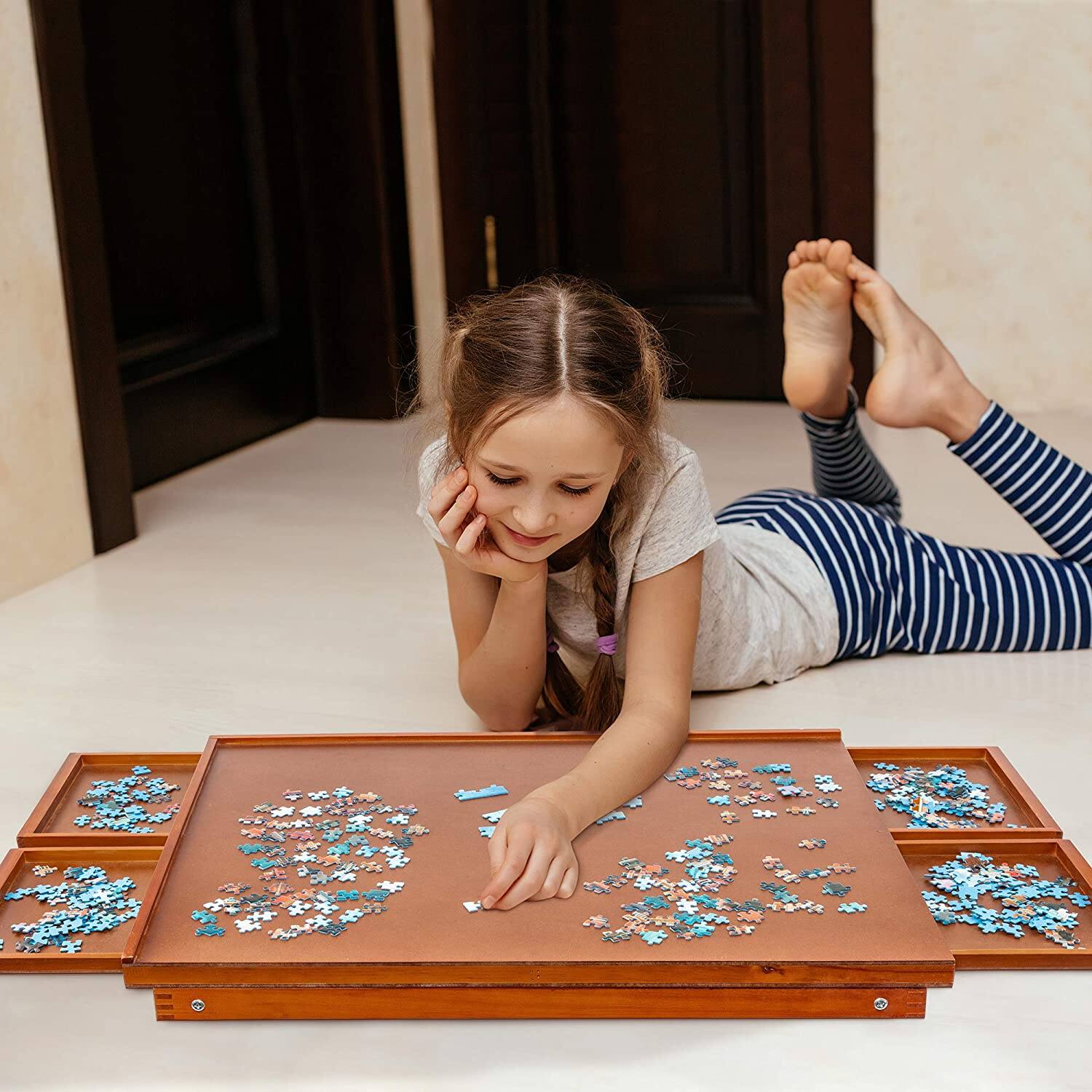 Alt View 6. Jumbl - 1000-Piece Puzzle Board - 23 x 31" Wooden Puzzle Table with 4 Removable Drawers - Brown.