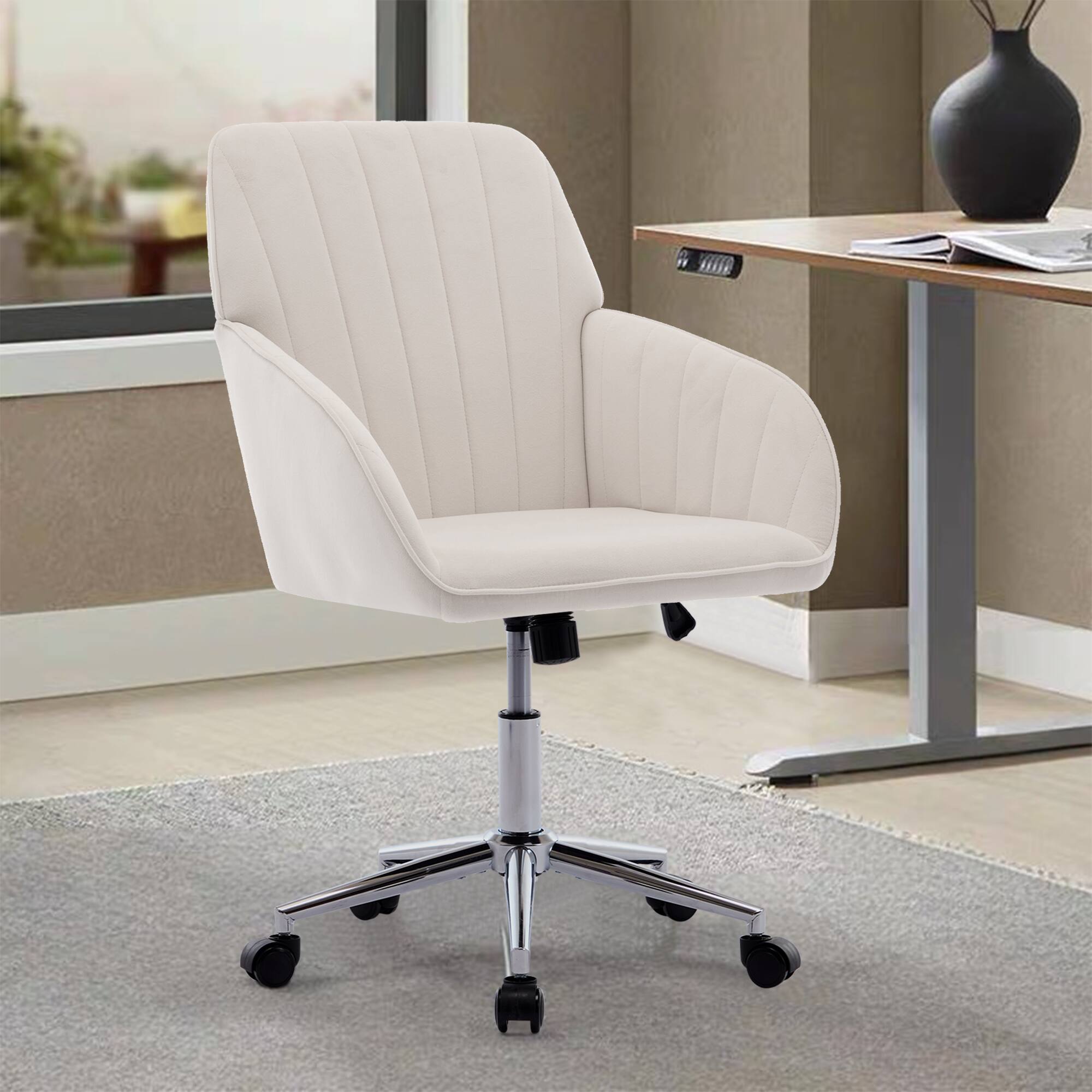 Angle. Vaczon - Modern Adjustable Ergonomic Swivel Office Chair with Armrests and Silver Metal Base for Home and Bedroom - Beige.