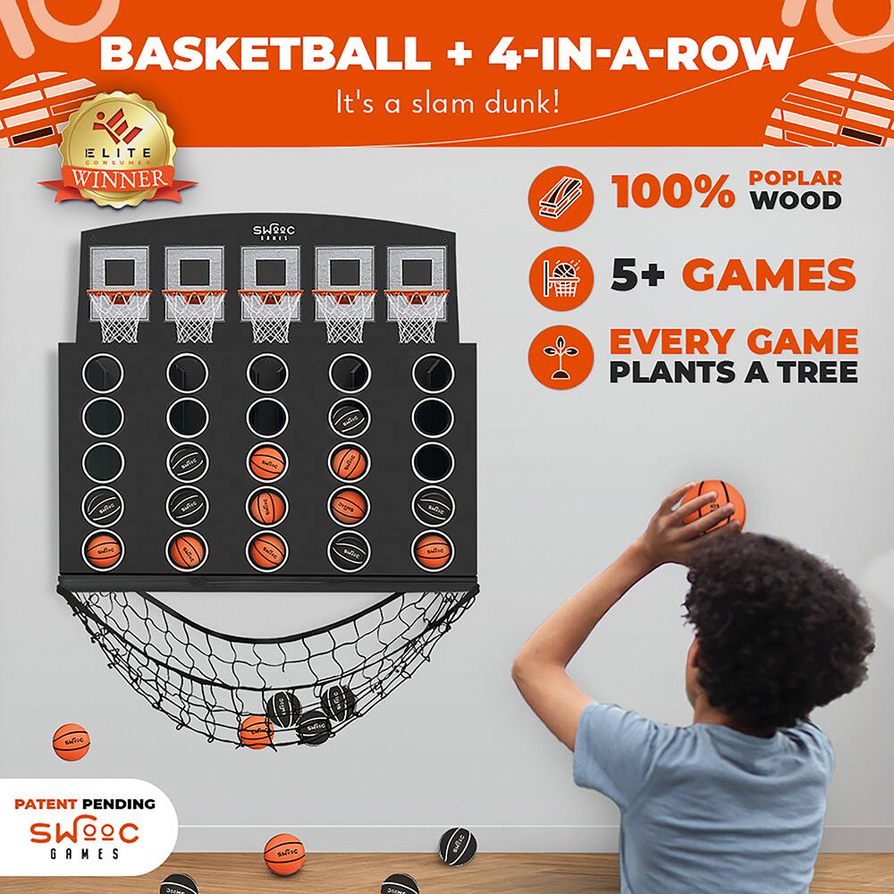 BASKETBALL + 4-IN-A-ROW  
It's a slam dunk!  

ELITE CONSUMER WINNER  

100% POPLAR WOOD  
5+ GAMES  
EVERY GAME PLANTS A TREE  

PATENT PENDING  
SWOOC GAMES