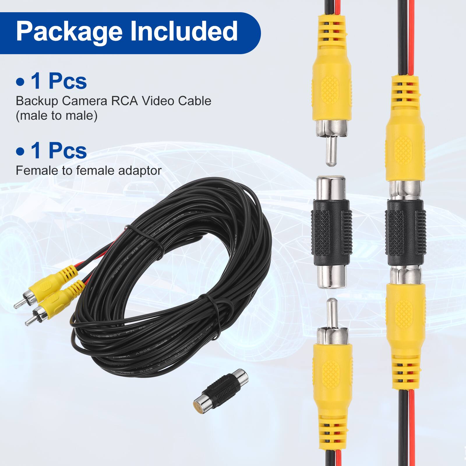 Package Included

- 1 Pcs Backup Camera RCA Video Cable (male to male)
- 1 Pcs Female to female adaptor