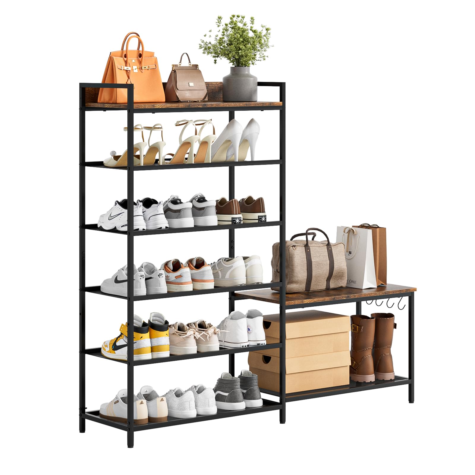 Front. ThinkLink Electronic - Rustic Wood Bench With 3-tier Shoe Rack For Small Spaces - Free Standing Storage Shelf Boot Organizer - 6 Tier-brown.