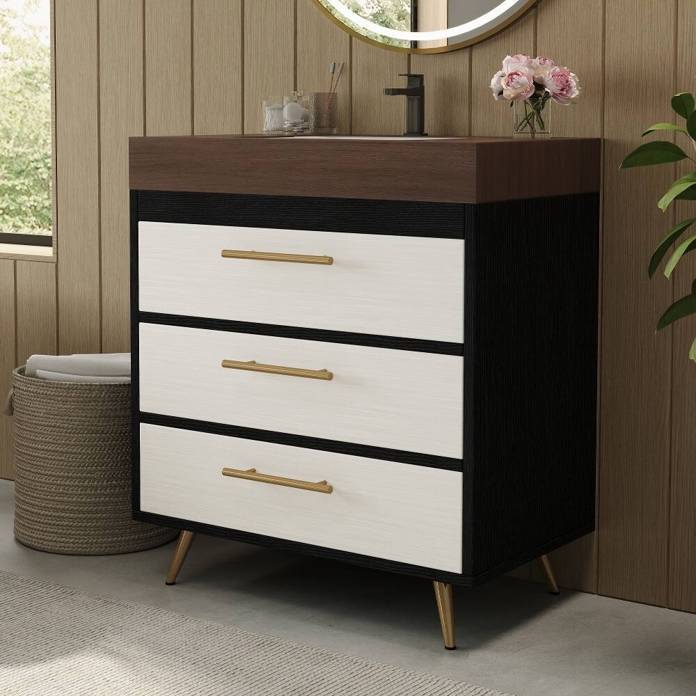 Alt View 1. Loheer - Loheer 29.9 inch freestanding bathroom vanity with ceramic vessel sink sintered stone top white and walnut - White and Walnut.